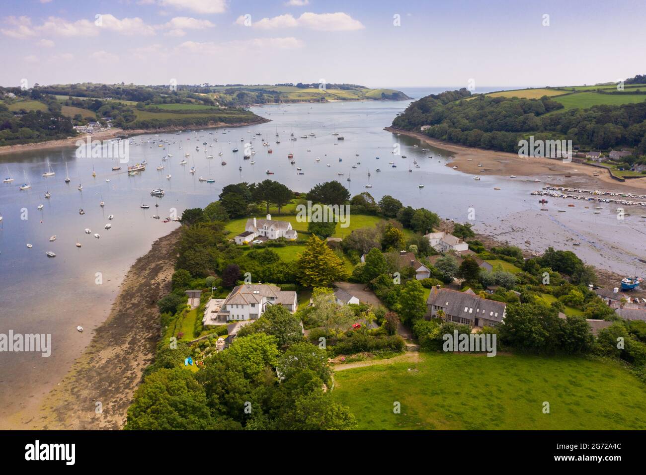 HELFORD, CORNWALL, UK - JUNE 23, 2021.  Aerial landscape of the Helford Passage and estuary in Cornwall, UK Stock Photo