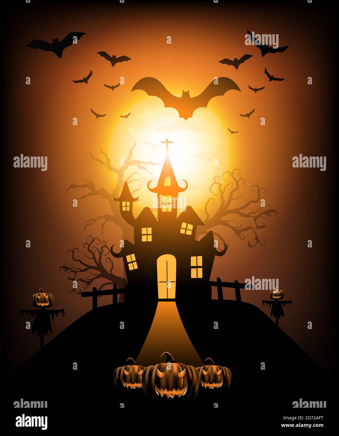 Happy Halloween background with pumpkin ghost, Haunted house with full ...