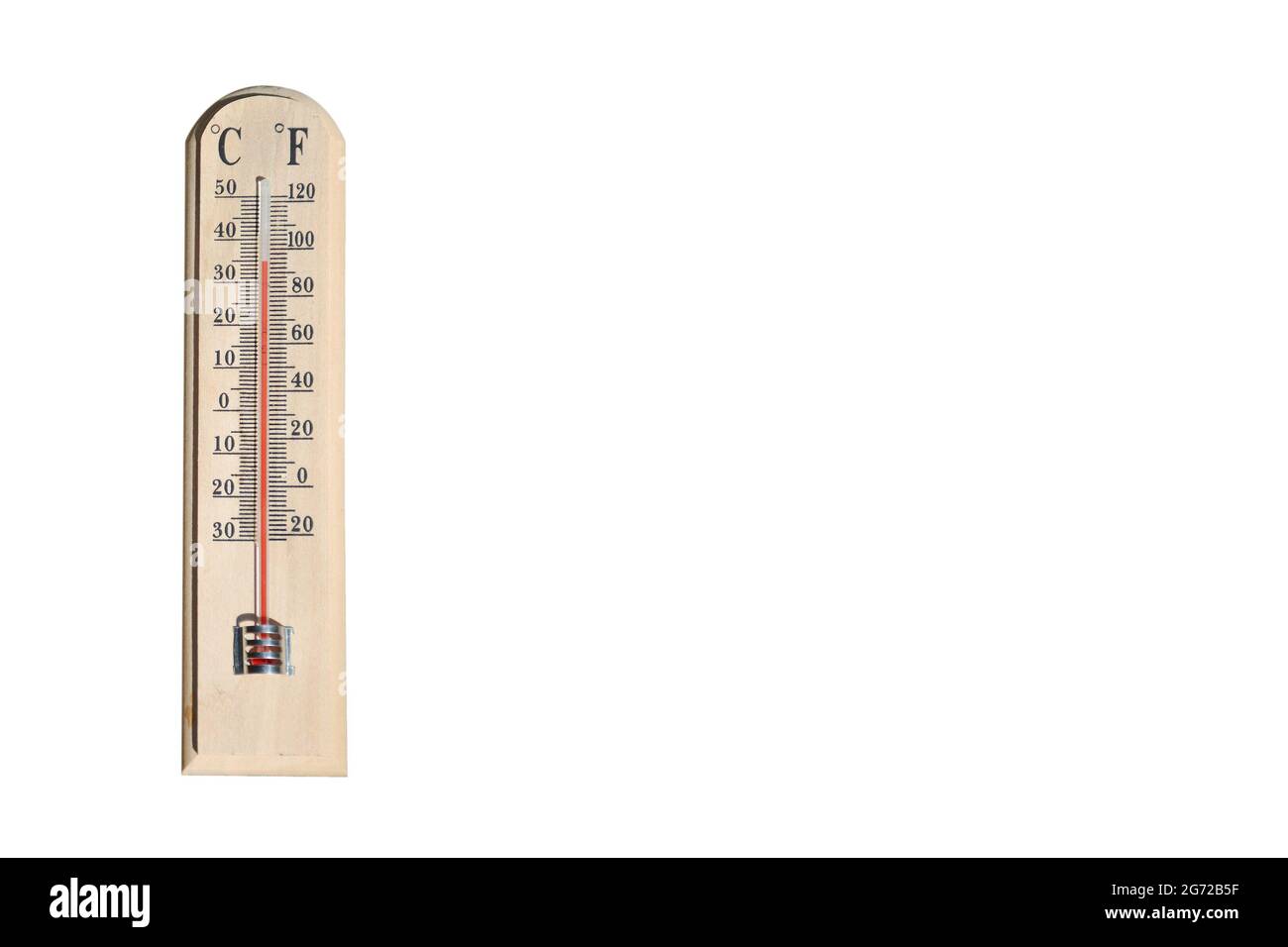 Thermometer showing high summer temperature isolated on white background with copy space Stock Photo