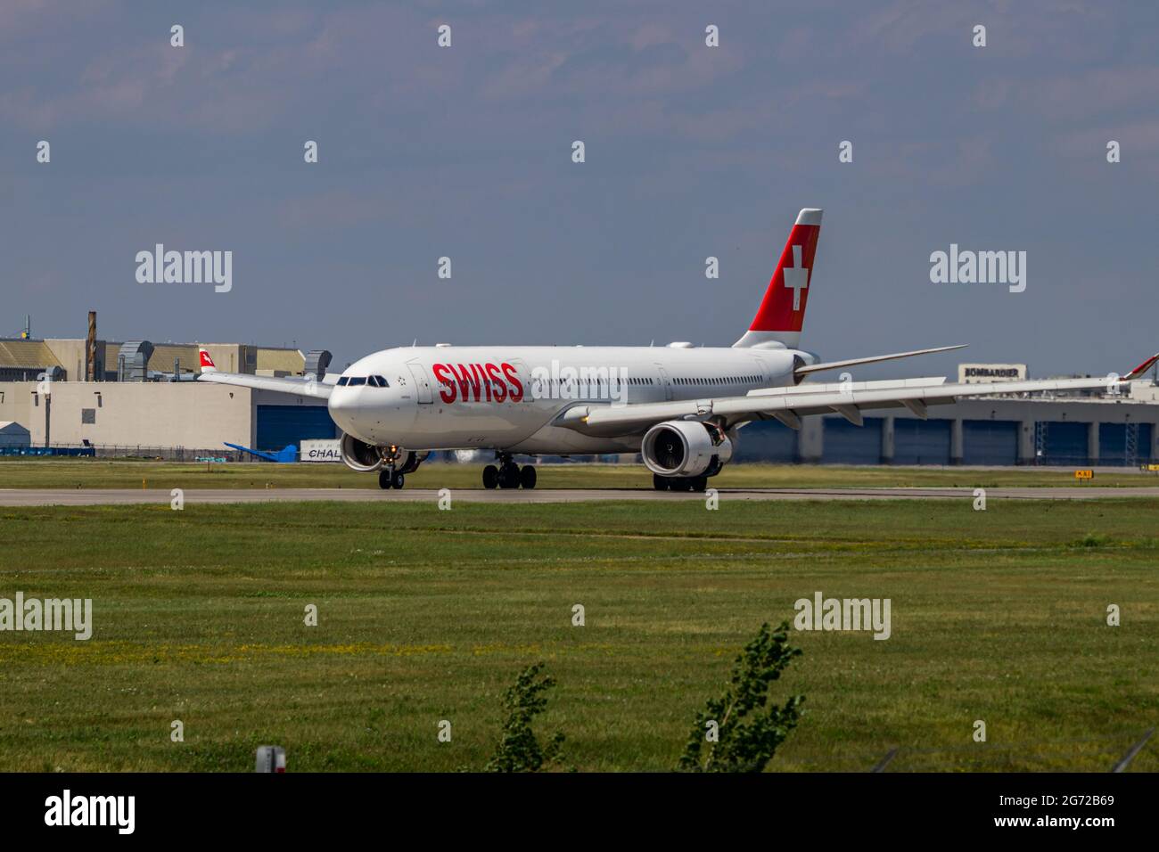 Montreal, Quebec, Canada - 06 27 2021: Swiss Airbus A330-300 landing in Montreal. Stock Photo