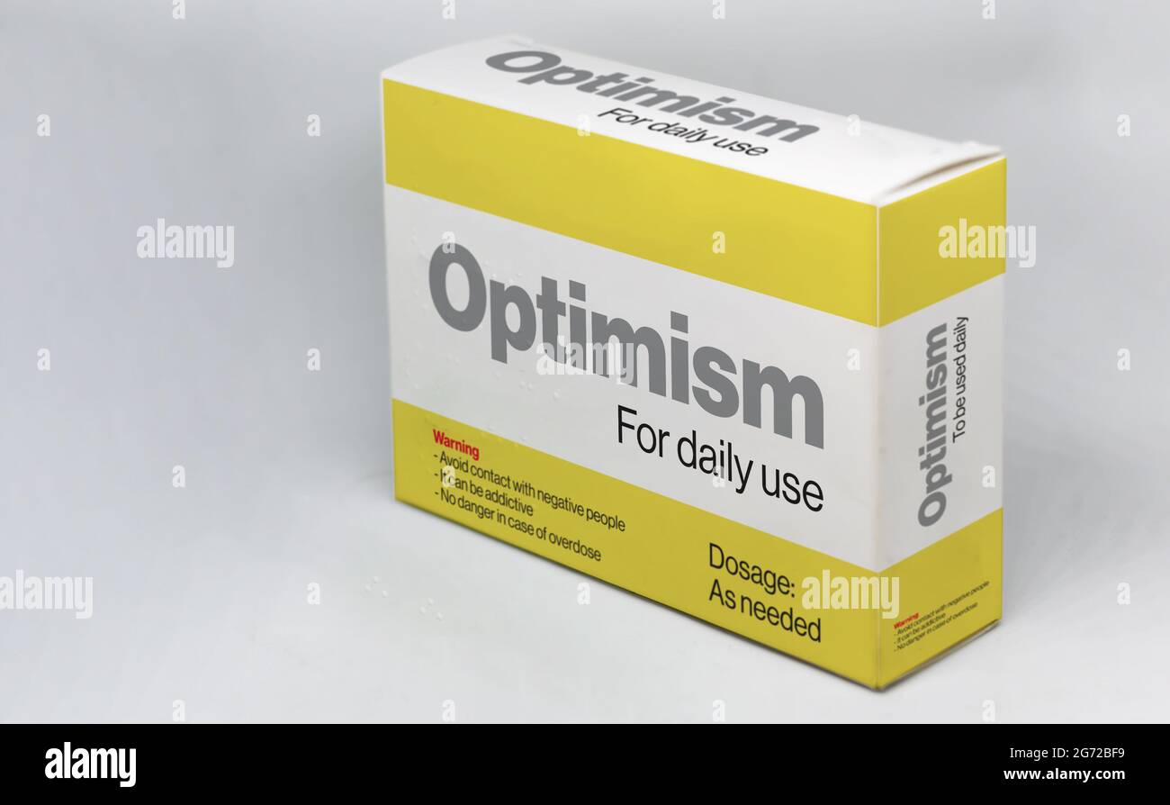The box of an optimism medicine for daily use. Positive thinking and mindset. New beginnings and opportunities Stock Photo