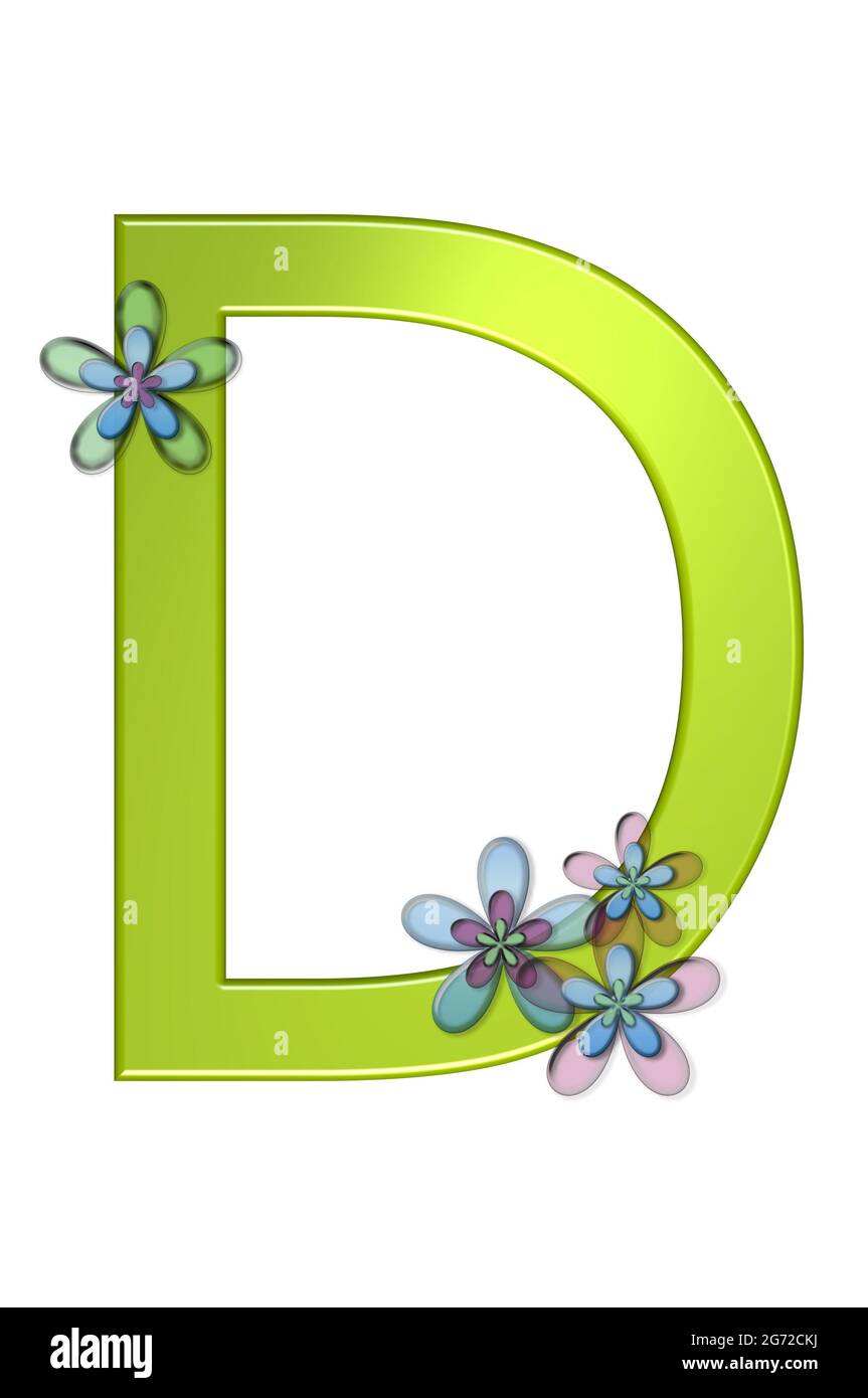 D Alphabet letter seems to be made of bright green gelatin.  It is decorated with semi-transparent, three layer, flowers in pink, blue and green. Stock Photo