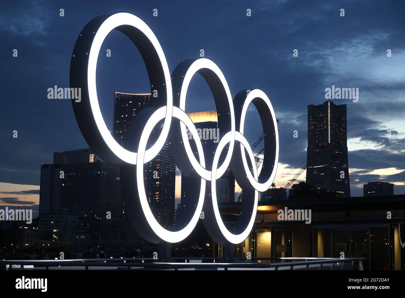 Yokohama Japan 10th July 21 An Illuminated Monument Of The Olympic Rings Is Displayed At A Port City Yokohama Suburban Tokyo On Saturday July 10 21 Two Weeks Before The Opening Of