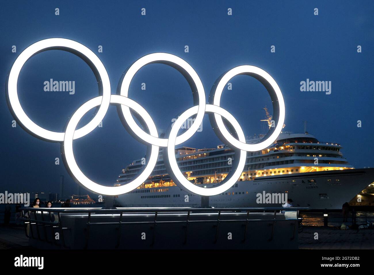 Yokohama Japan 10th July 21 An Illuminated Monument Of The Olympic Rings Is Displayed At A Port City Yokohama Suburban Tokyo On Saturday July 10 21 Two Weeks Before The Opening Of
