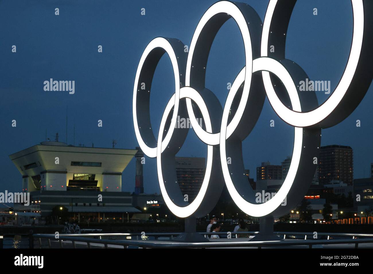 Yokohama Japan 10th July 21 An Illuminated Monument Of The Olympic Rings Is Displayed At A Port City Yokohama Suburban Tokyo On Saturday July 10 21 Two Weeks Before The Opening Of