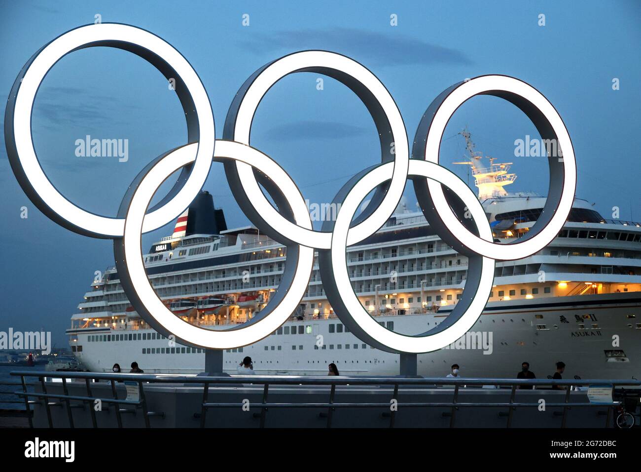Yokohama Japan 10th July 21 An Illuminated Monument Of The Olympic Rings Is Displayed At A Port City Yokohama Suburban Tokyo On Saturday July 10 21 Two Weeks Before The Opening Of