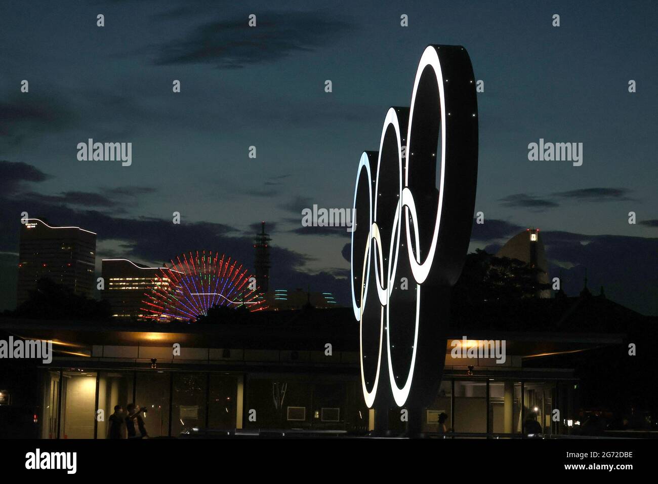 Yokohama Japan 10th July 21 An Illuminated Monument Of The Olympic Rings Is Displayed At A Port City Yokohama Suburban Tokyo On Saturday July 10 21 Two Weeks Before The Opening Of