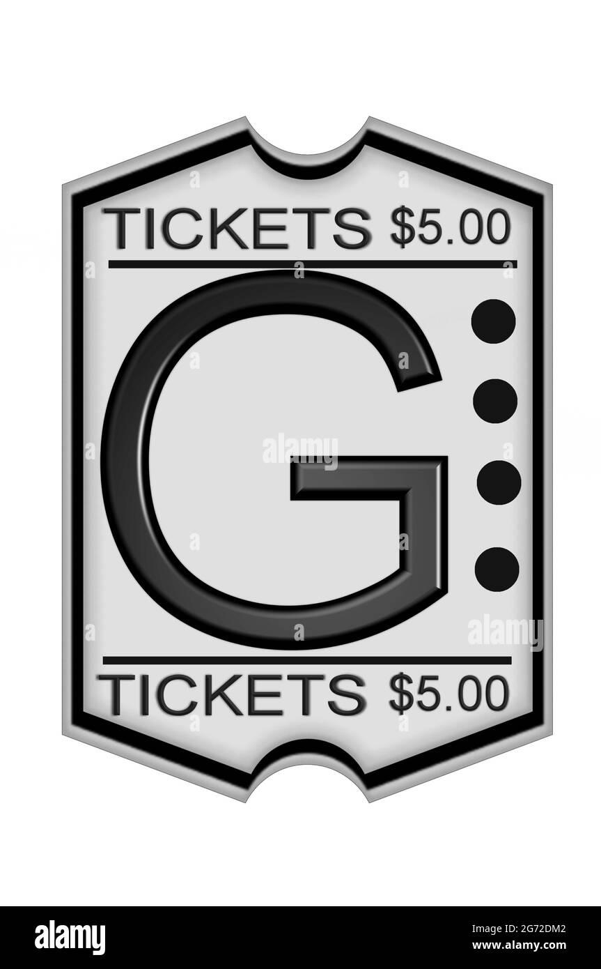 G, in the alphabet set Ticket Stub, is a black letter on a white ticket