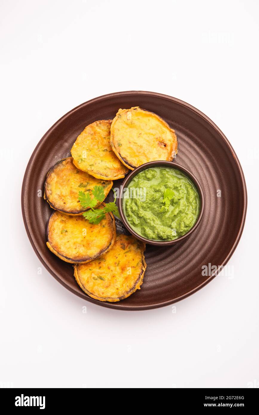 Tasty Brinjal Pakora or crispy eggplant fritters, Indian tea time snack