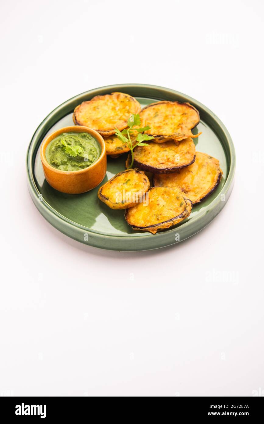 Tasty Brinjal Pakora or crispy eggplant fritters, Indian tea time snack
