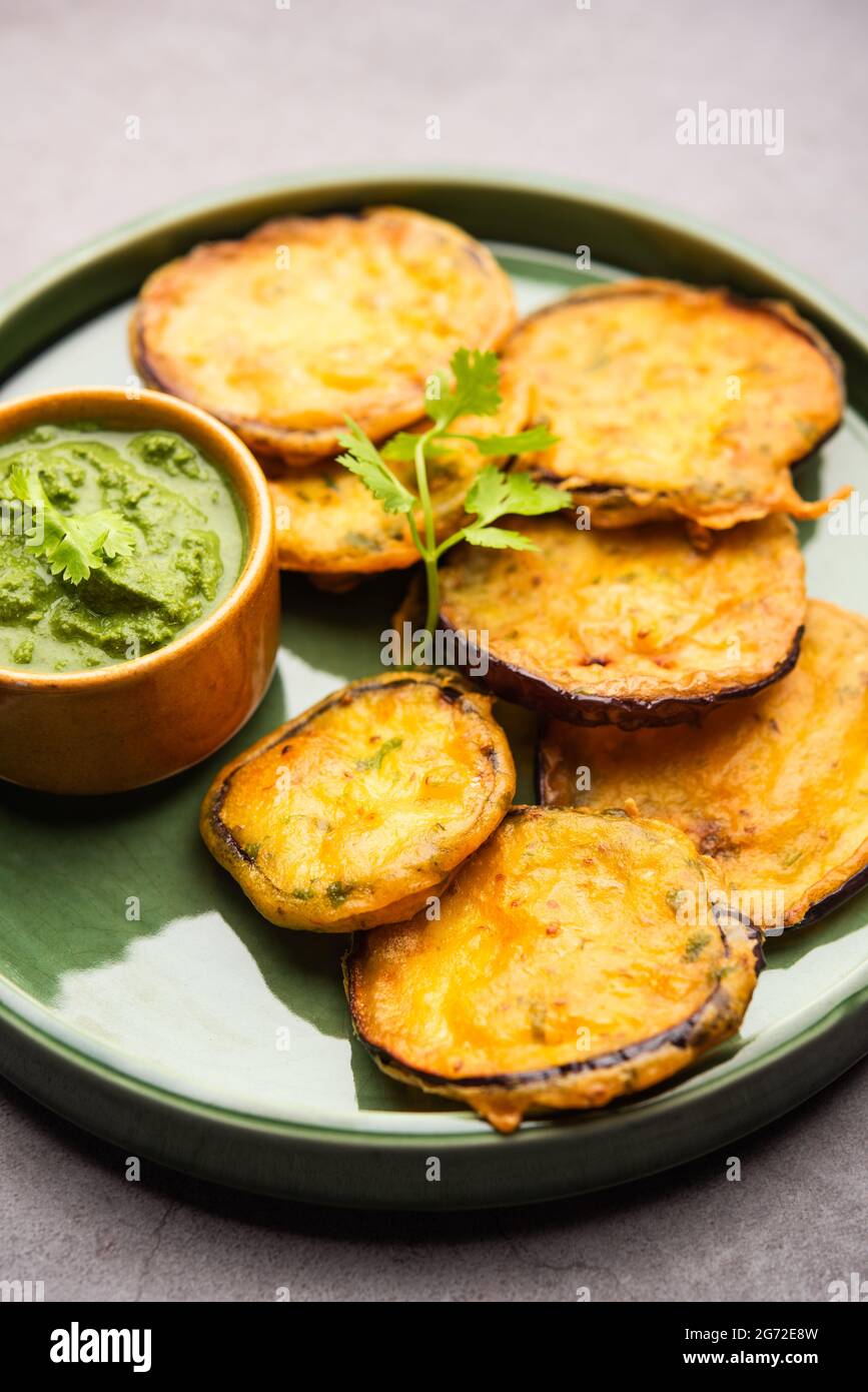 Tasty Brinjal Pakora or crispy eggplant fritters, Indian tea time snack