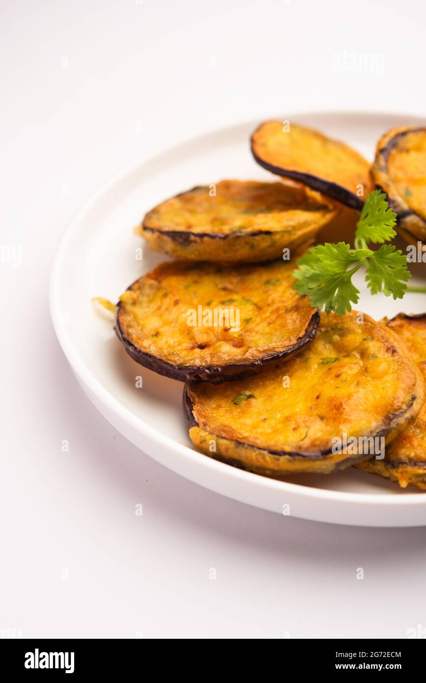 Tasty Brinjal Pakora or crispy eggplant fritters, Indian tea time snack