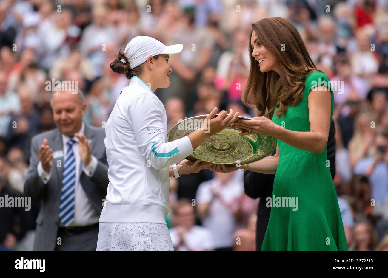 The Duchess Of Cambridge Patron Of The All England Lawn Tennis Club Presents Ashleigh Barty Aus With The Venus Rosewater Dish After She Beat Karolina Pliskova Cze To Win The Final Of