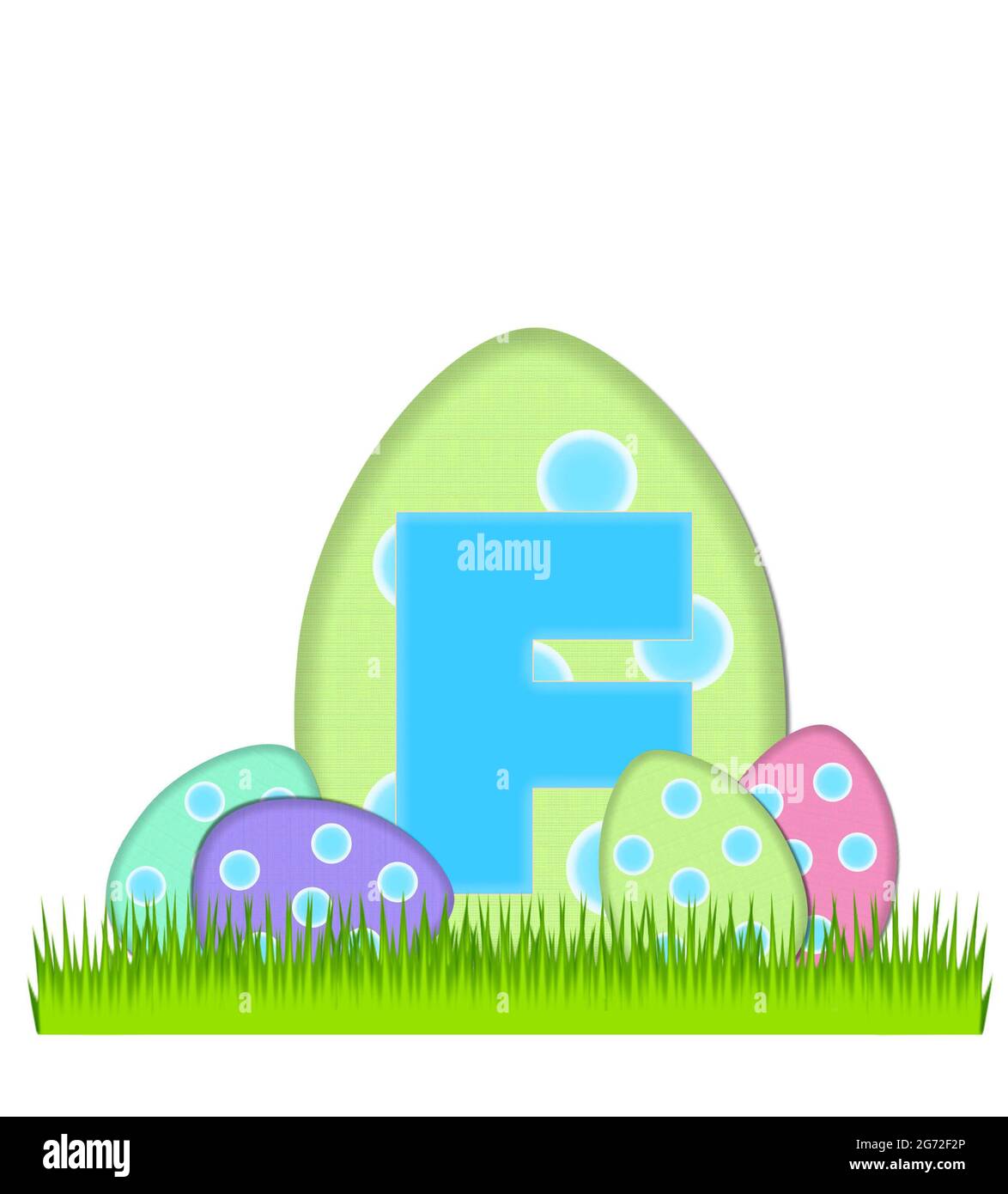 The letter F, in the alphabet set 'Big Egg Hunt', is soft aqua.  Letter sits on big Easter egg that is decorated with polka dots.  Smaller eggs sit in Stock Photo