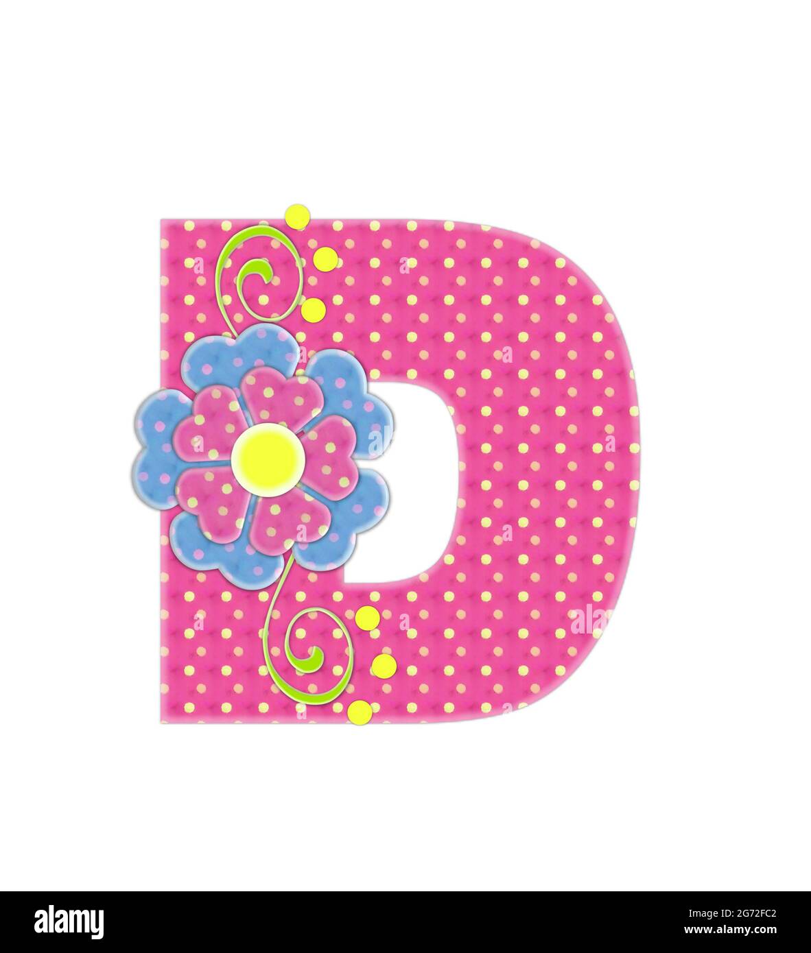 The letter D, in the alphabet set 'Bonita', is pink with yellow polka dots.  Coordinating, two color, flowers decorate each letter. Stock Photo