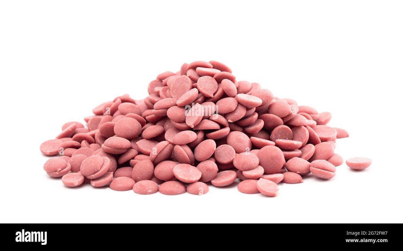 Authentic Ruby Chocolate Drops Isolated on a White Background Stock Photo