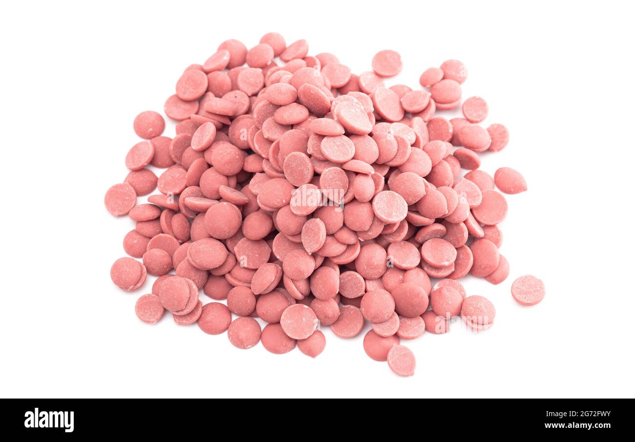 Authentic Ruby Chocolate Drops Isolated on a White Background Stock Photo