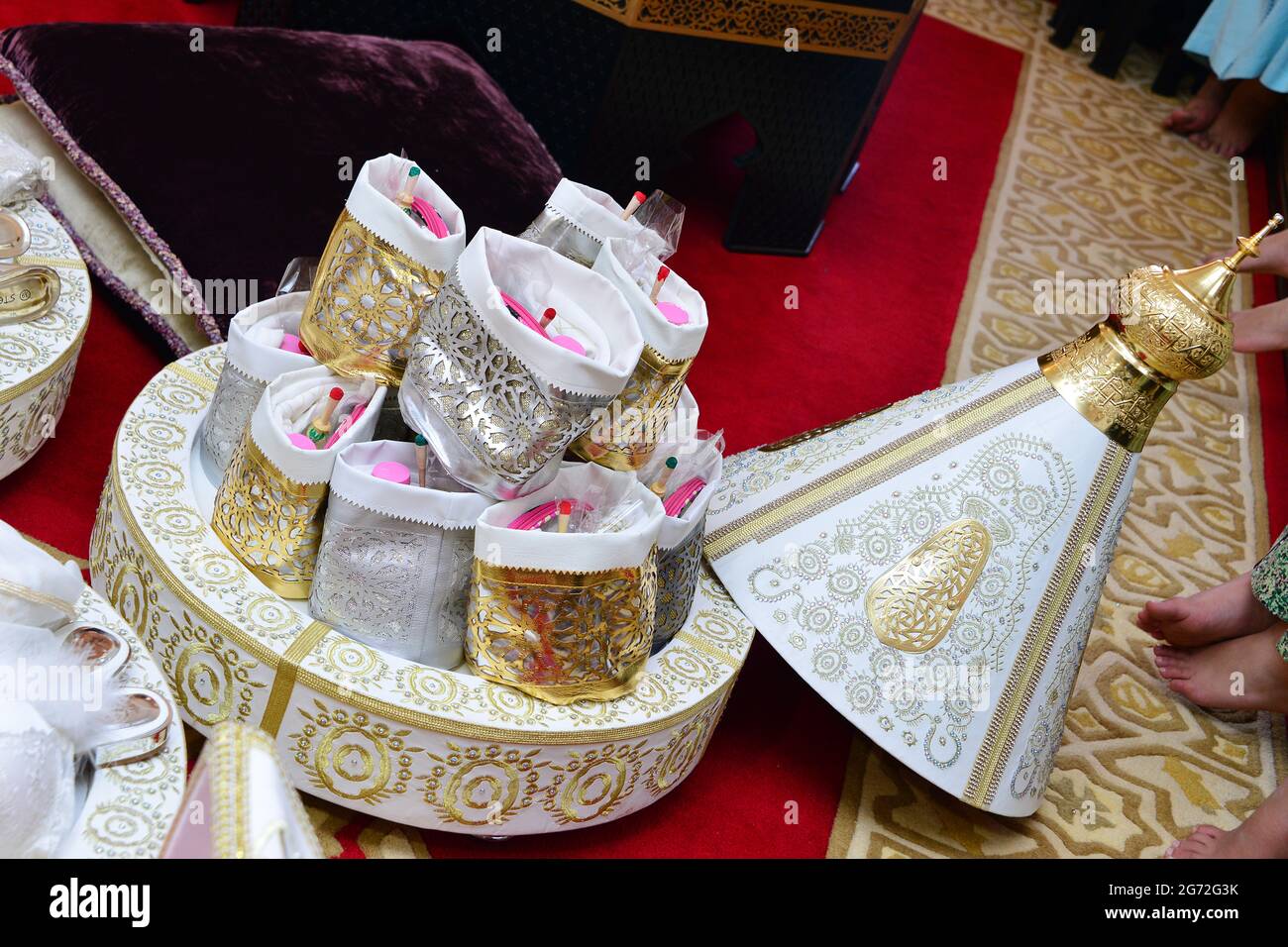 Moroccan Tyafer, traditional gift containers for the wedding ceremony, decorated with ornate golden embroidery.Moroccan henna .Moroccan wedding gifts Stock Photo