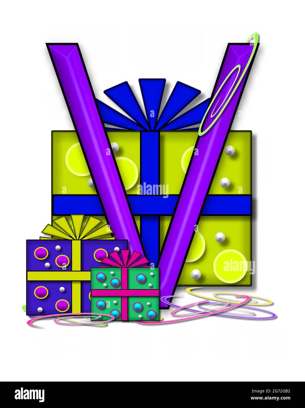 The letter V, in the alphabet set Boxes and Bows, is 3D purple and surrounded by gift boxes.  Colored streamers cover base of letter and boxes. Stock Photo