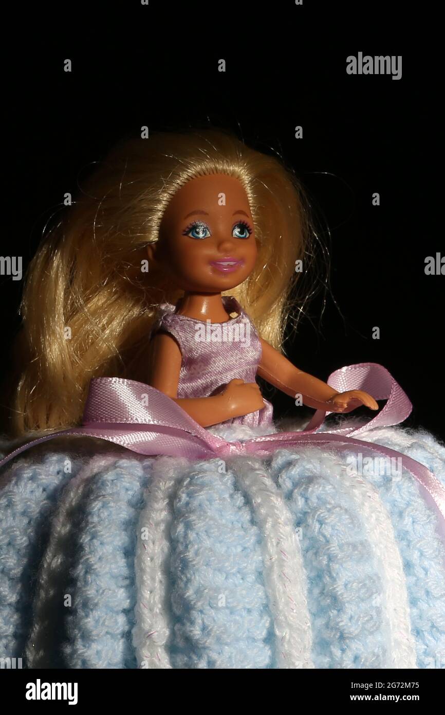 Toilet Doll, a Barbie doll with crochet dress over a toliet roll Stock Photo