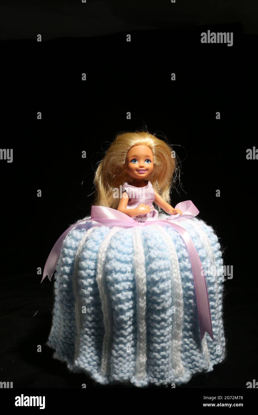 Toilet Doll, a Barbie doll with crochet dress over a toliet roll Stock Photo