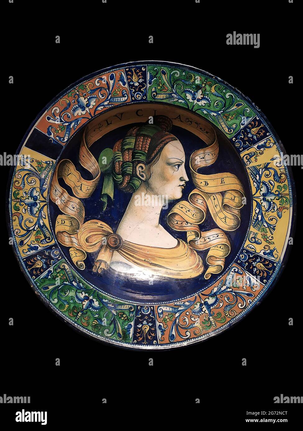 Tin-glazed earthenware plate of the first third of the 16th century. Stock Photo