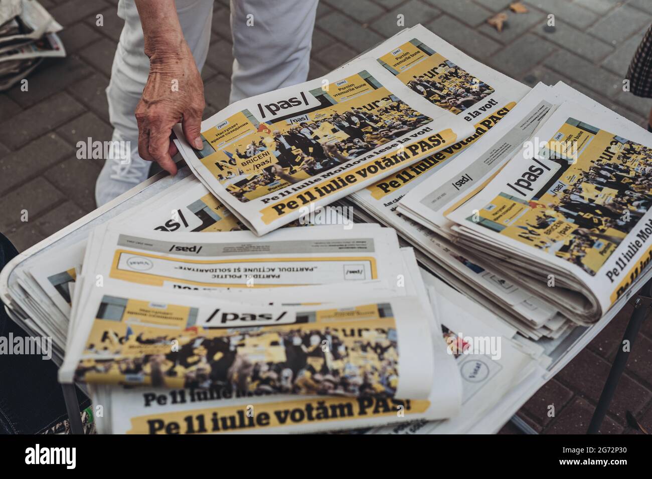 Chisinau, Moldova. 09th July, 2021. Propagandistic newspaper of the Party Action and Solidarity in the streets.Election campaigns going on in the streets of Chisinau for Moldova's parliamentary elections. Credit: SOPA Images Limited/Alamy Live News Stock Photo