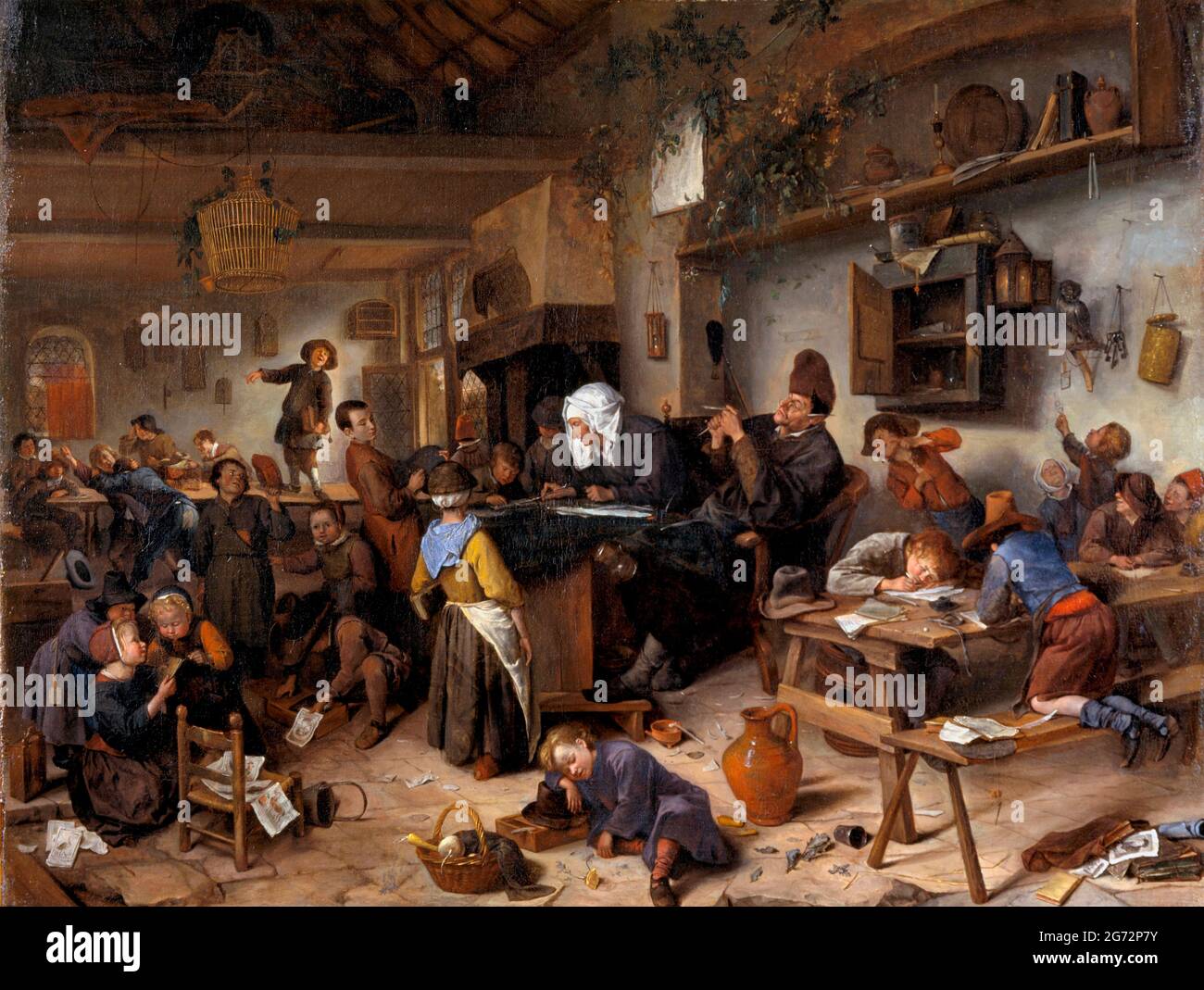 Jan Steen. A School for Boys and Girls by the Dutch Golden Age artist, Jan Havickszoon Steen (c. 1626-1679), oil on canvas, c. 1670 Stock Photo