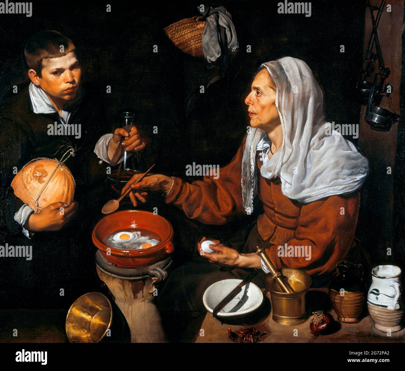 An Old Woman Cooking Eggs by Diego Velazquez (1599-1660), oil on canvas, 1618 Stock Photo