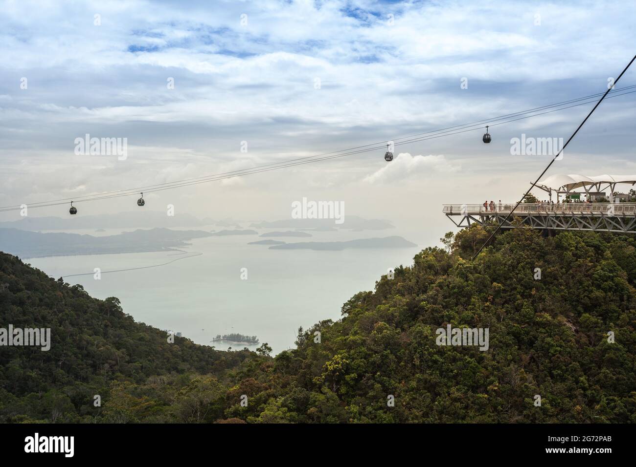 cable car with people. great tourist view point on langkawi cable car