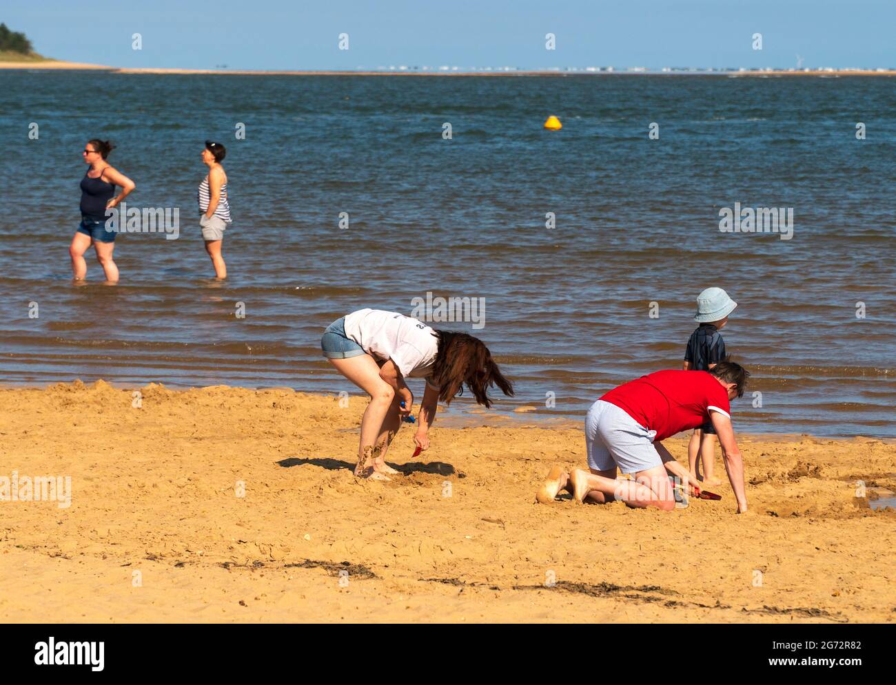 Family digging sand on a beach Stock Photo