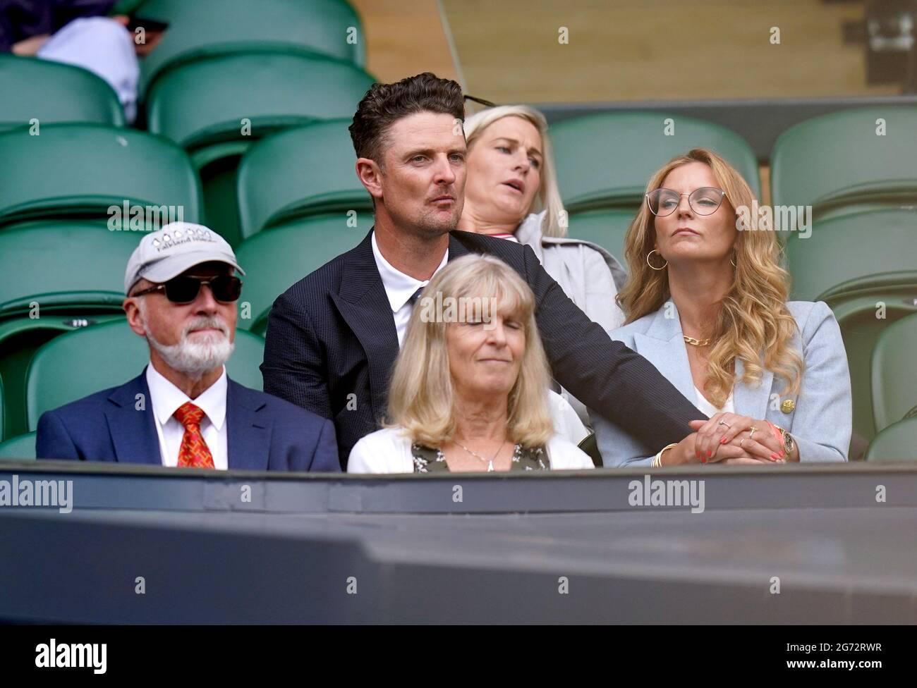 Justin Rose and Kate Phillips in the Royal Box as they watch the ladies'  doubles final between Elise Mertens and Hsieh Su-wei and Elena Vesnina and  Veronika Kudermetova on centre court on