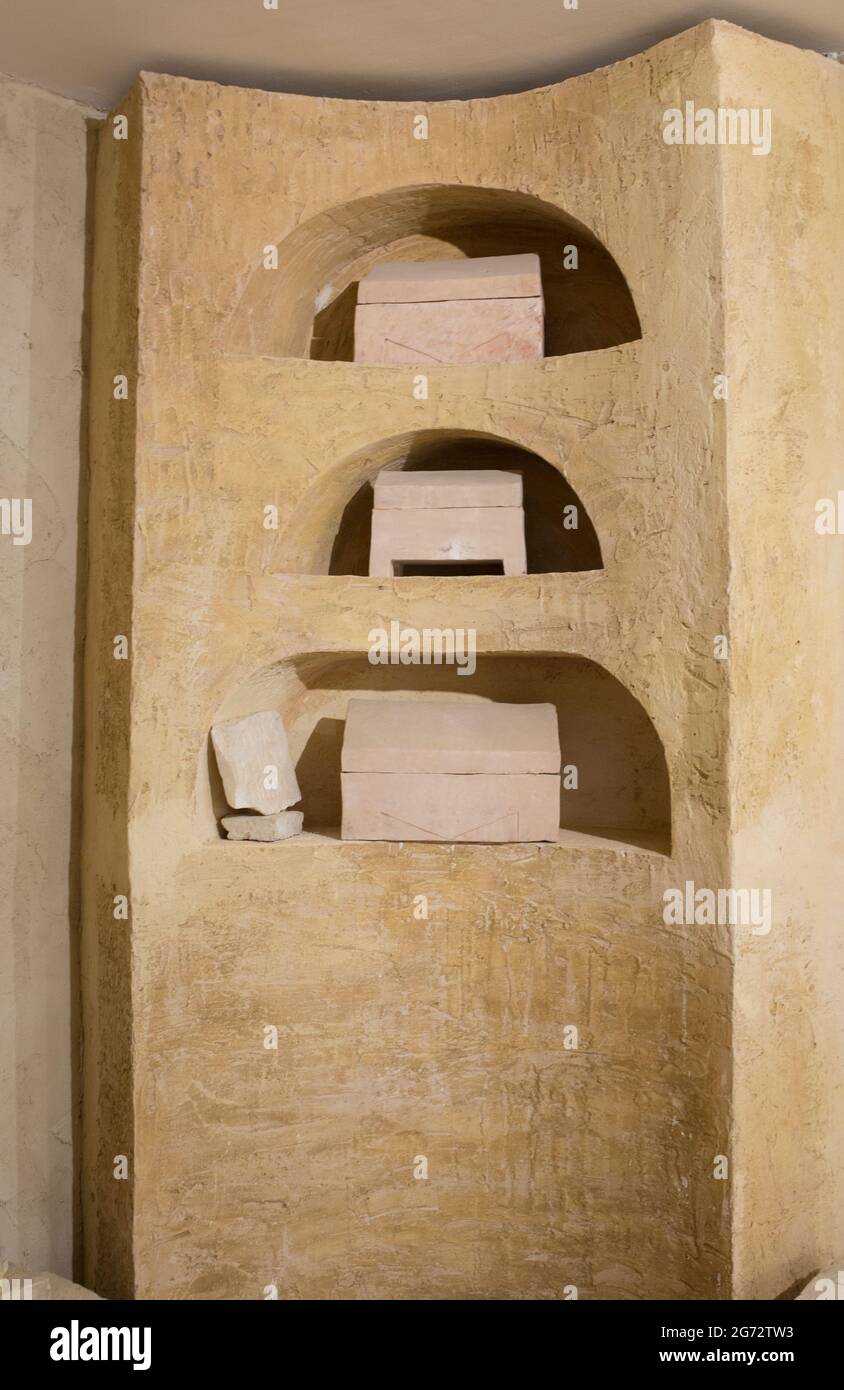 Montilla, Spain March 2nd, 2019 Roman funerary practices. Niches with funeral urns for