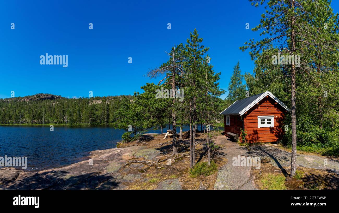 An idyllic wooden red cottage in coastal forest landscape on the Baltic Sea in northern Sweden Stock Photo