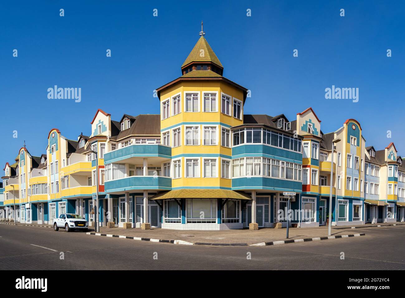 Colorful colonial houses in Swakopmund, Namibia. Stock Photo