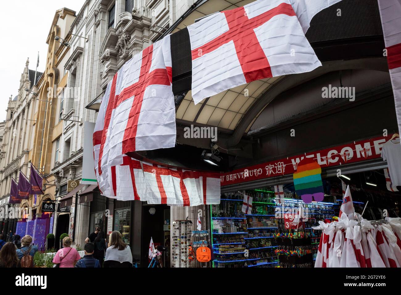 London, UK.  10 July 2021.  England flags for sale to the public in Piccadilly Circus ahead of the final of Euro 2020 between Italy and England tomorrow night Wembley Stadium.  It is the first major final that England will have played in since winning the World Cup in 1966 but Italy remain unbeaten in their last 33 matches.  Credit: Stephen Chung / Alamy Live News Stock Photo