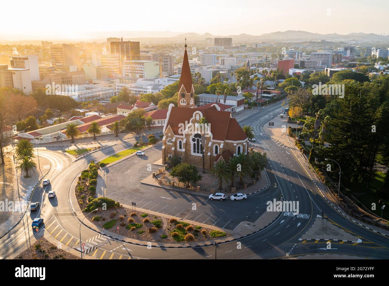 Historical landmark Christ Church aka Christuskirche at sunset in Windhoek, the capital and largest city of Namibia. Stock Photo