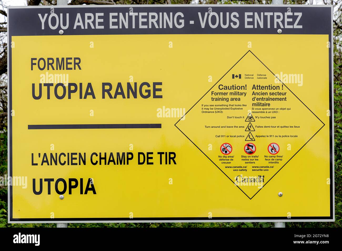 Utopia, NB, Canada - July 3, 2021: Warning for the Utopia Range, a military training area in WW2. It explains what to do if ordinance is found. Stock Photo