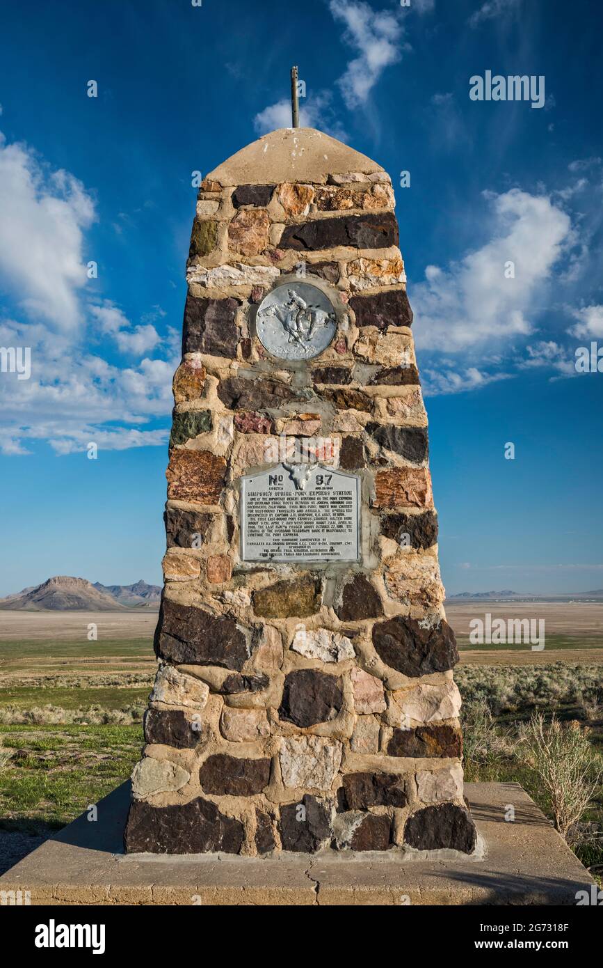 Monument at Simpson Springs Station, Pony Express Trail, Back Country Byway, Great Basin, Utah, USA Stock Photo