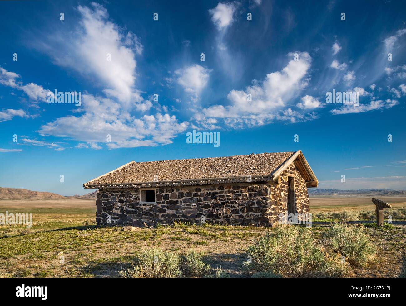 Reconstructed Simpson Springs Station, altocumulus clouds, Pony Express Trail, Back Country Byway, Great Basin, Utah, USA Stock Photo
