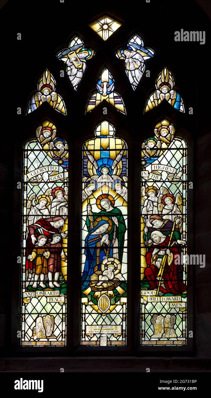 Nativity stained glass, St. John the Baptist Church, Shenstone, Staffordshire, England, UK Stock Photo