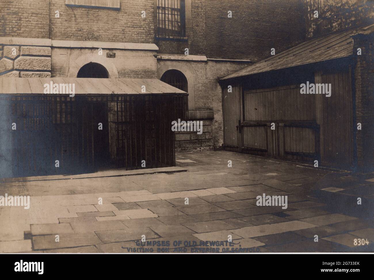 Glimpses of Old Newgate - Visiting Box and Exterior of Scaffold, c1900. Newgate Prison, dating back to the 12th century, was originally located at the site of Newgate, a gate in the Roman wall around the city of London. Public hangings, of both men and women, took place outside the prison from 1783 and continued until 1868, when executions were carried out on gallows inside Newgate. In total, 1,169 people were executed - publicly or otherwise - at the prison. Many types of criminals were imprisoned at Newgate, and their offences varied from petty crime and theft, breaking and entering, highway Stock Photo