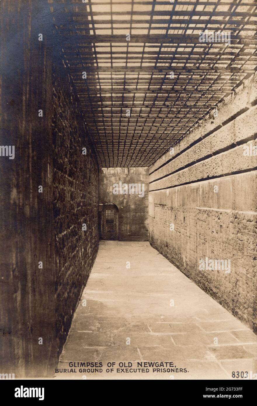 Glimpses of Old Newgate - Burial Ground of Executed Prisoners, c1900. Newgate Prison, dating back to the 12th century, was originally located at the site of Newgate, a gate in the Roman wall around the city of London. Public hangings, of both men and women, took place outside the prison from 1783 and continued until 1868, when executions were carried out on gallows inside Newgate. In total, 1,169 people were executed - publicly or otherwise - at the prison. Many types of criminals were imprisoned at Newgate, and their offences varied from petty crime and theft, breaking and entering, highway r Stock Photo