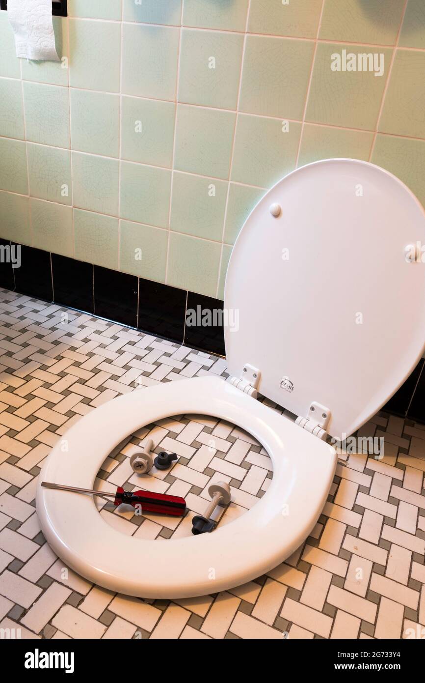 New Toilet Seat Kit Awaits Installion in a Household Bathroom, USA