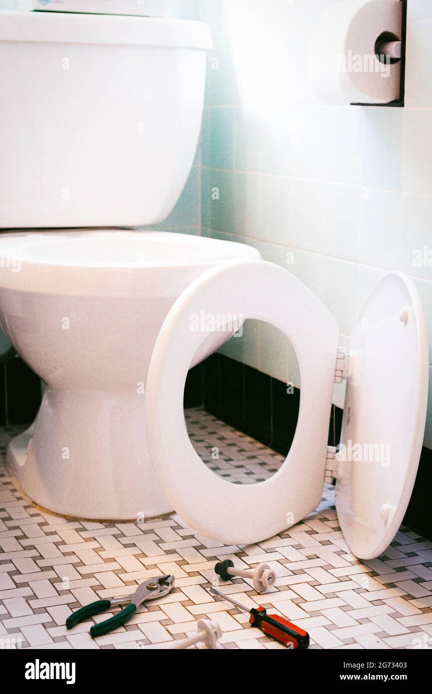 New Toilet Seat Kit Awaits Installion in a Household Bathroom, USA