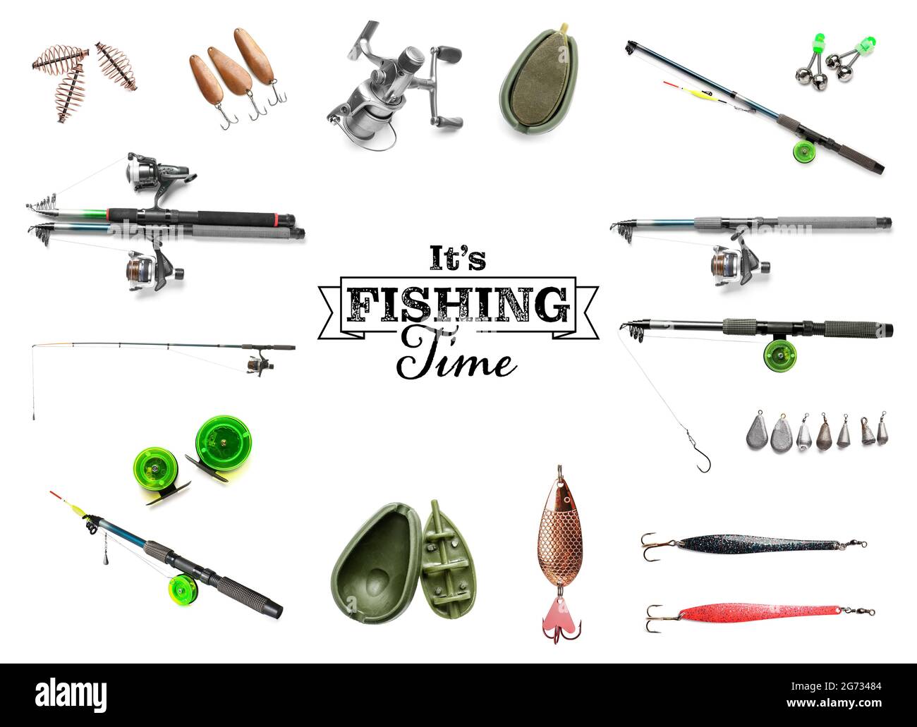 Set of fishing equipment on white background Stock Photo Alamy