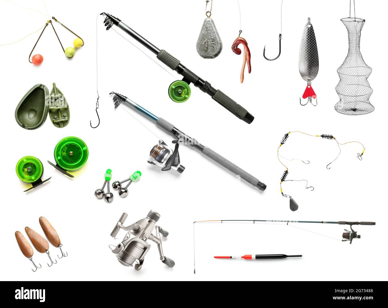 Set of fishing equipment on white background Stock Photo - Alamy