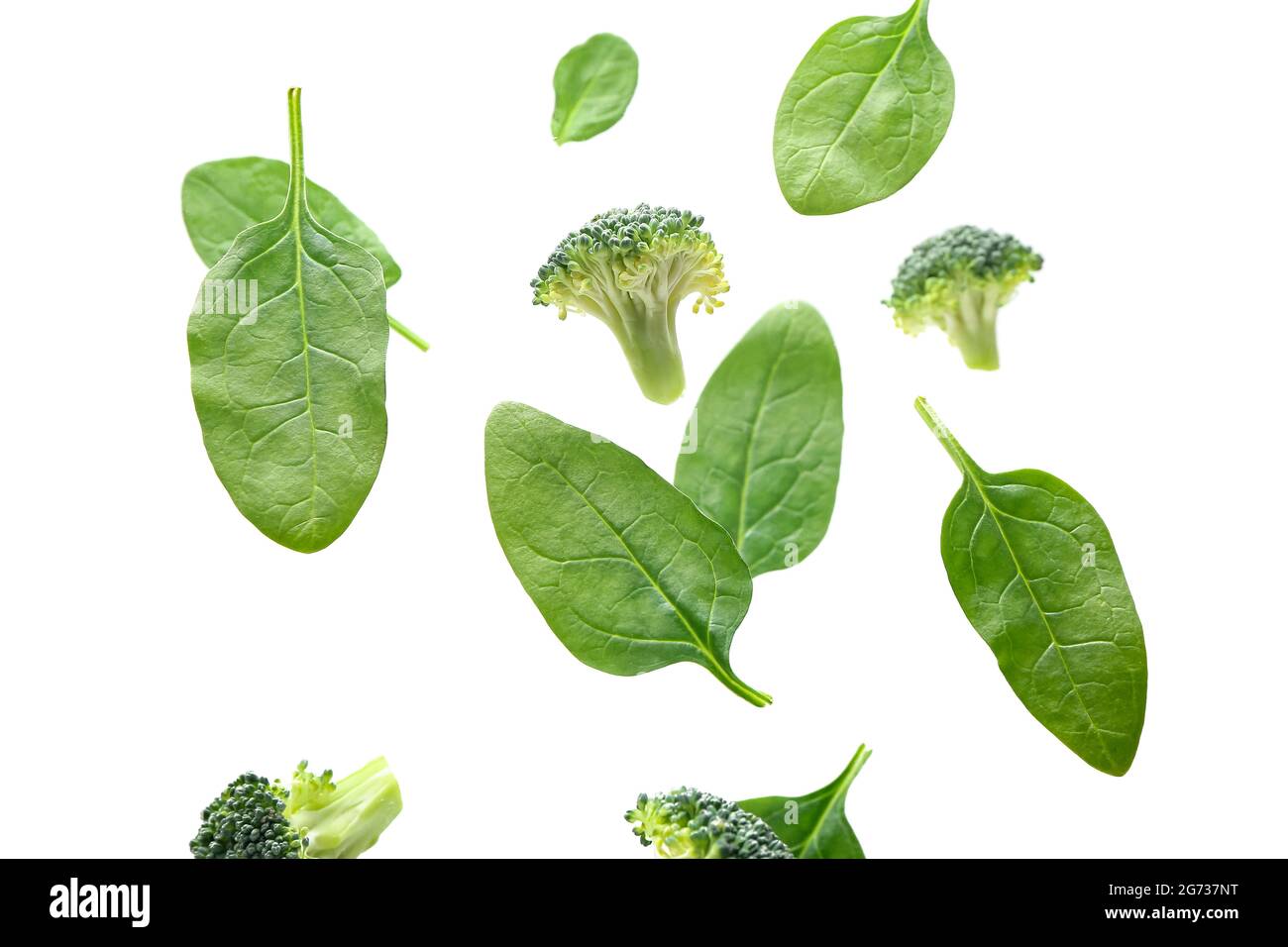 Flying broccoli and spinach on white background Stock Photo - Alamy