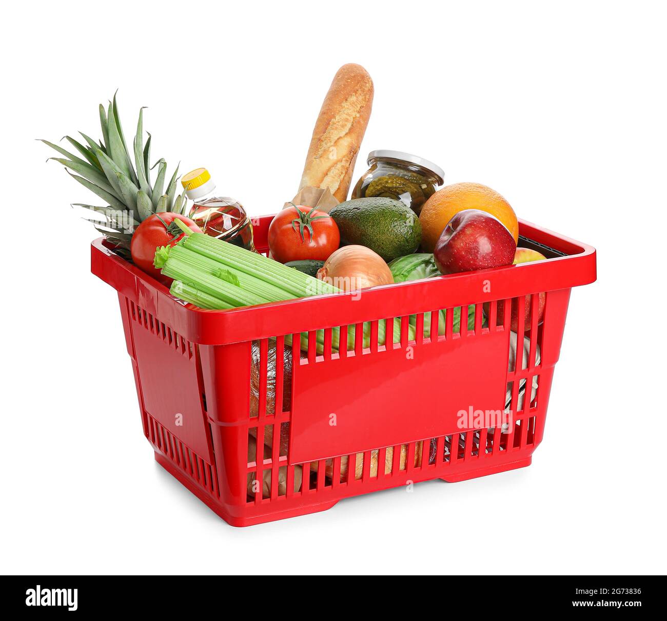 Shopping basket with food on white background Stock Photo Alamy