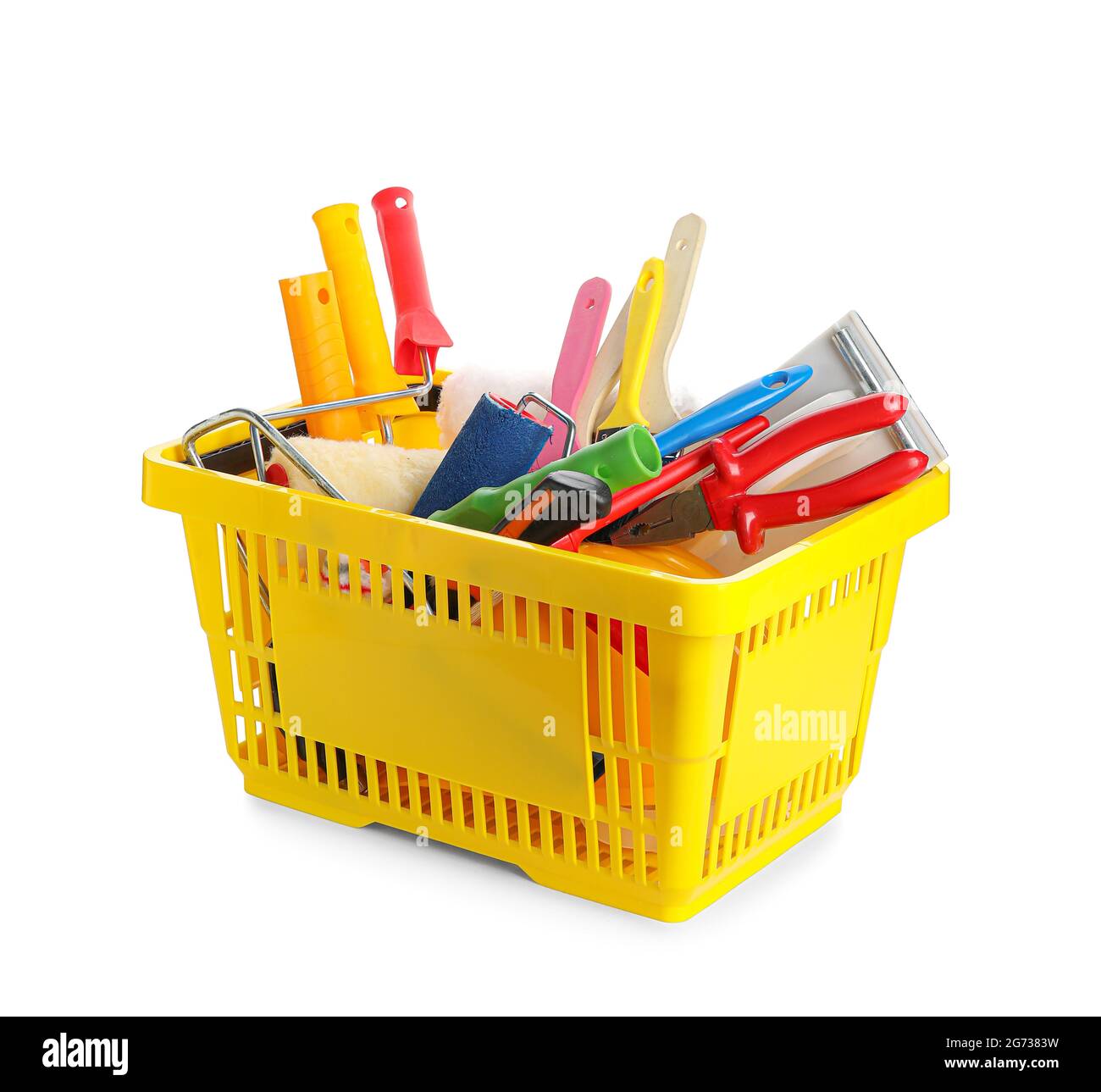 Shopping basket with painter&rsquo;s supplies on white background Stock Photo